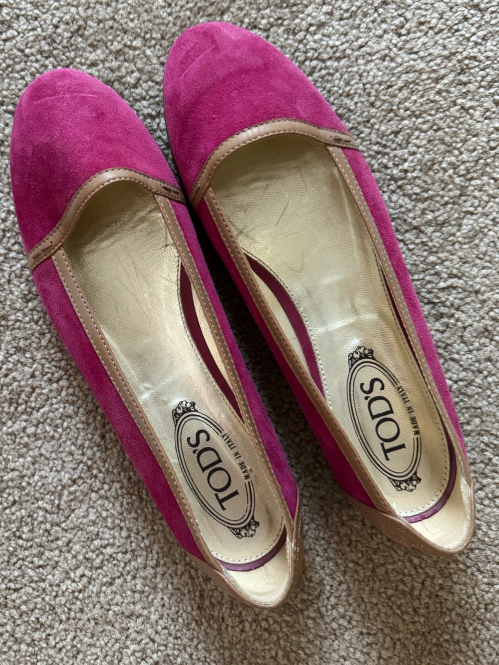 TOD'S Fuchsia Suede Ballet Flats with Tan Leather Trim
